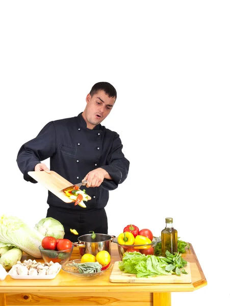 Retrato Del Joven Chef Cocinando Verduras Cocina Del Restaurante Espacio — Foto de Stock