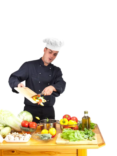 Porträtt Ung Kock Matlagning Grönsaker Restaurang Kök Kopiera Utrymme — Stockfoto