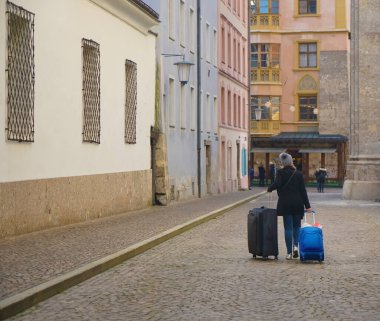 Bir kadın iki arabasıyla şehir merkezindeki caddede yürüyor. geri, arka plan.