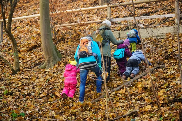 Duas Mães Seus Filhos Uma Caminhada Parque Outono Visão Traseira — Fotografia de Stock