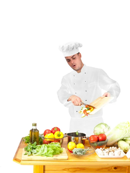 Retrato Del Joven Chef Cocinando Verduras Cocina Del Restaurante Espacio — Foto de Stock