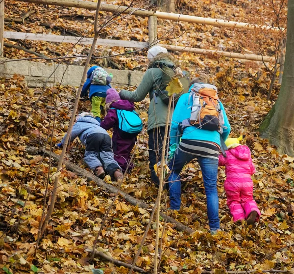 Duas Mães Seus Filhos Uma Caminhada Parque Outono Visão Traseira — Fotografia de Stock