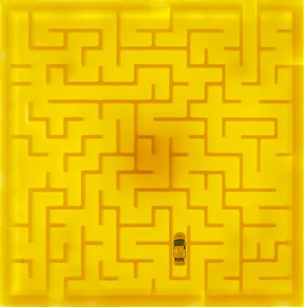 yellow taxi car inside plastic  labyrinth. Yellow maze.traffic in city courtyards.taxi tracking idea in cell phone app