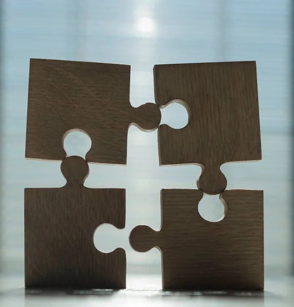 Vier Hölzerne Puzzleteile Konzept Des Verbindungsmenschen — Stockfoto