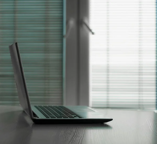 Gray Laptop Wooden Table Modern Office Empty Copy Space Inscription — Stock Photo, Image