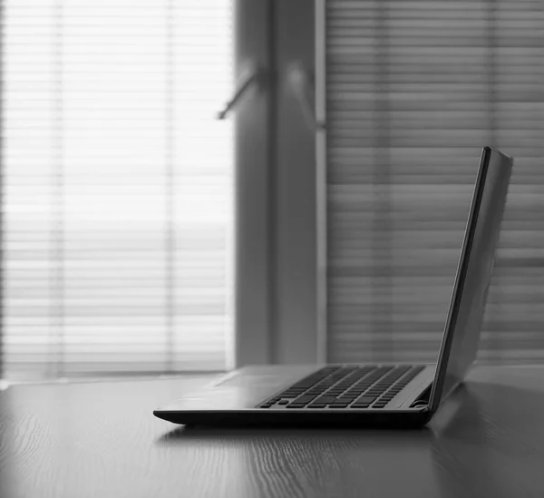 Gray Laptop Wooden Table Modern Office Empty Copy Space Inscription — Stock Photo, Image