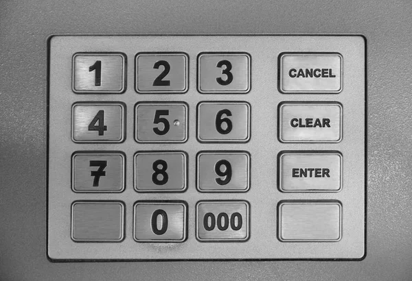 Russian ATM cash machine keypad saying CANCEL, CLEAR, ENTER. account digits for financial transactions, cash withdrawal, check balances
