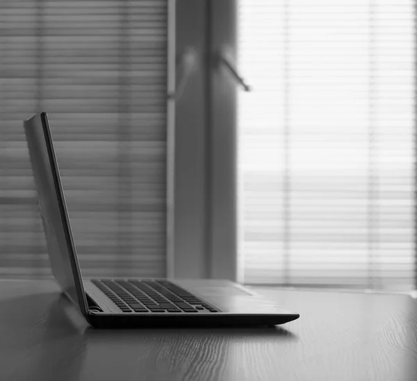 Gray Laptop Wooden Table Modern Office Empty Copy Space Inscription — Stock Photo, Image