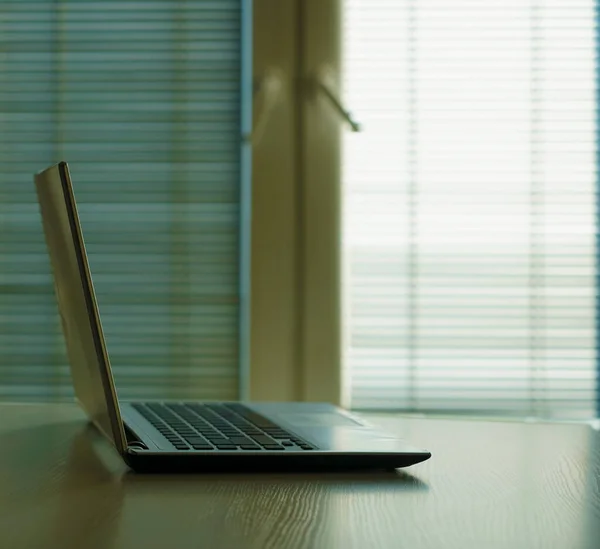 Gray Laptop Wooden Table Modern Office Empty Copy Space Inscription — Stock Photo, Image