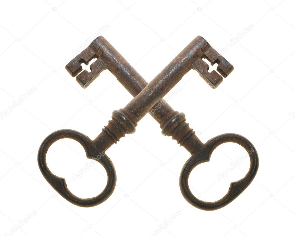 Two crossed retro keys isolated on white background. Metal,  rusty door keys crossed.  symbol, coat of arms of Vatican papal state -  two crossed keys