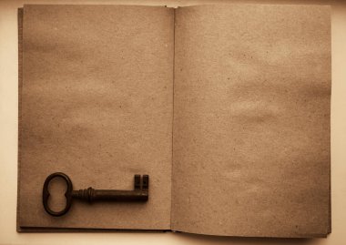 Eski grunge kağıdının dokulu sayfaları ve paslı anahtarıyla Vintage 'ın En İyi Görünümü açık kitabı. Boş boş. kahverengi el işi kağıt.