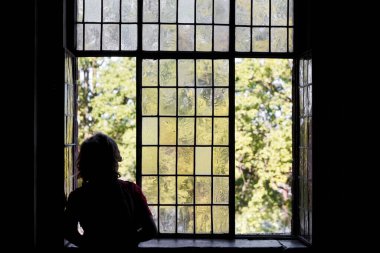 Pencerenin yanındaki yatak odasında duran ve sokak parkına bakan genç bir gay silueti. Yaz uysallaşır. Evde kal..