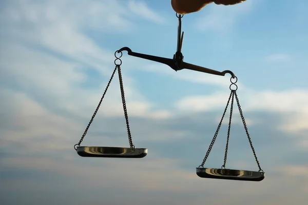 Scales Justice Background Legal Law Concept Balance Hand Held Sky — Stock Photo, Image