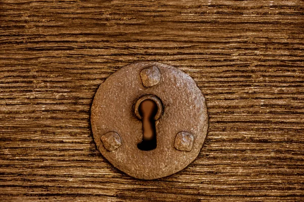 Παλιό Σιδερένιο Σκουριασμένο Κλειδί Φόντο Ταπετσαρία Vintage Κλειδαρότρυπα Παλιά Ξύλινη — Φωτογραφία Αρχείου