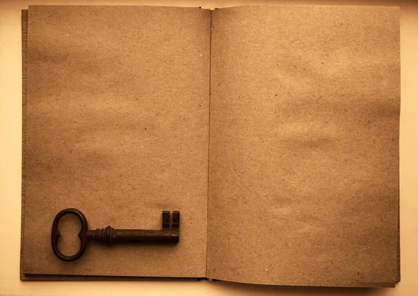 Eski grunge kağıdının dokulu sayfaları ve paslı anahtarıyla Vintage 'ın En İyi Görünümü açık kitabı. Boş boş. kahverengi el işi kağıt.