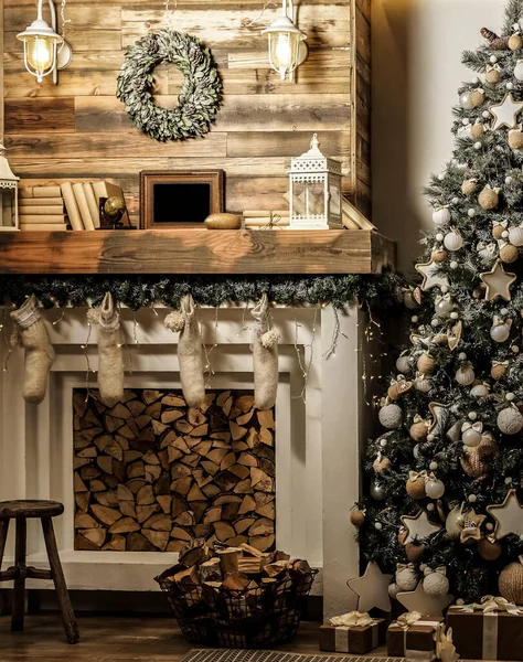 Habitación Diseño Con Árbol Navidad Chimenea Estilo Ecológico Interior Interior — Foto de Stock