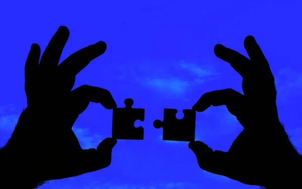 Hands Puzzle Pieces Sky Background — Stock Photo, Image