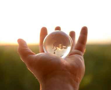 Güneşli gökyüzünde ve yeşil ormanda saydam gözlüklü Globe insan elinde. Çevre koruma kavramı. güneş ışığı. 