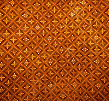 Majolika ve simetrik seramik fayansların detaylı görüntüsü. Turuncu tonlarda seramik. Farsça doku.