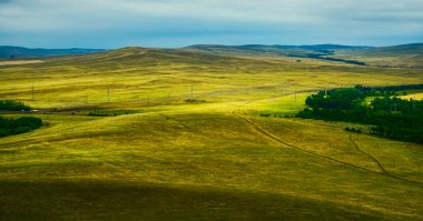 Ural Dağları 'nın içinden geçen uzun bir yol. Yukarıdan bak. Doğa geçmişi. Orenburg bölgesi, Rusya.