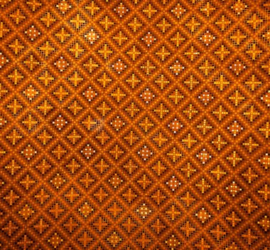 Majolika ve simetrik seramik fayansların detaylı görüntüsü. Turuncu tonlarda seramik. Farsça doku.