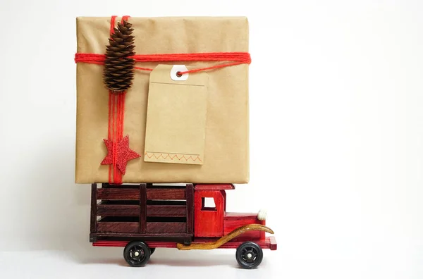 Wooden Toy Truck Christmas Gift Box Isolated White Background — Stock Photo, Image