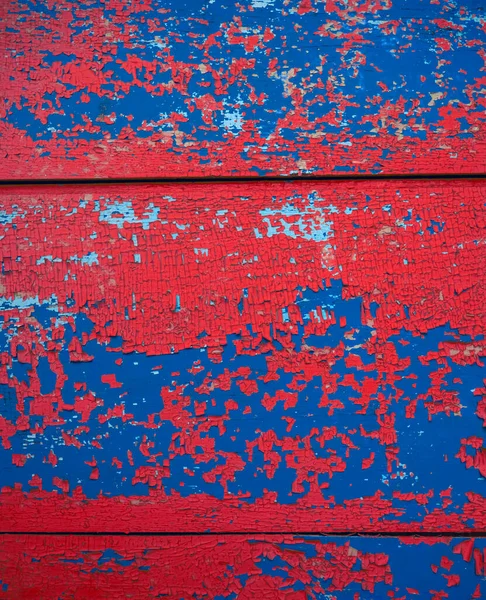 Rode Blauwe Schilferende Verftextuur Een Houten Oppervlak Bedekt Met Meerdere — Stockfoto