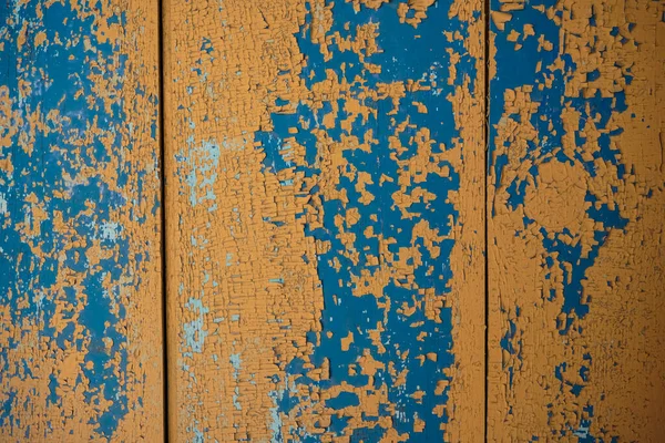 Gele Blauwe Schilferende Verftextuur Een Houten Oppervlak Bedekt Met Meerdere — Stockfoto