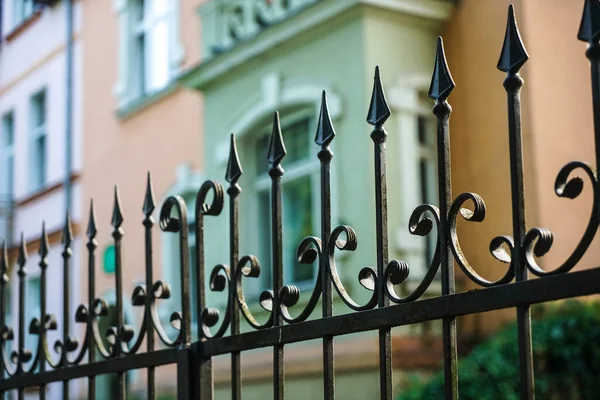 Renkli evi ve çalısı olan bir bahçenin perspektifinde zirveleri olan siyah metal çitler.. 