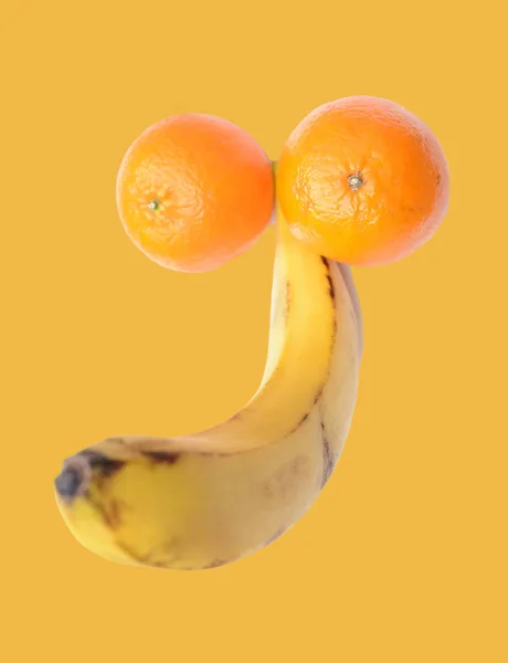 Flat Lay Ripe Banana Two Fresh Mandarines Represent Penis Concept — ストック写真