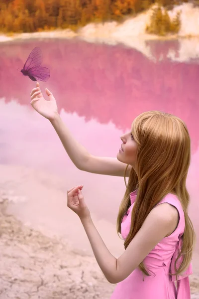 Woman Holding Pink Butterfly Finger Side View Purple Water Background — Stock Photo, Image