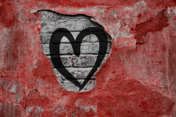 Стара Червона Штукатурка Стіні Червоної Цегли Вінтажний Фон Чорне Серце — стокове фото