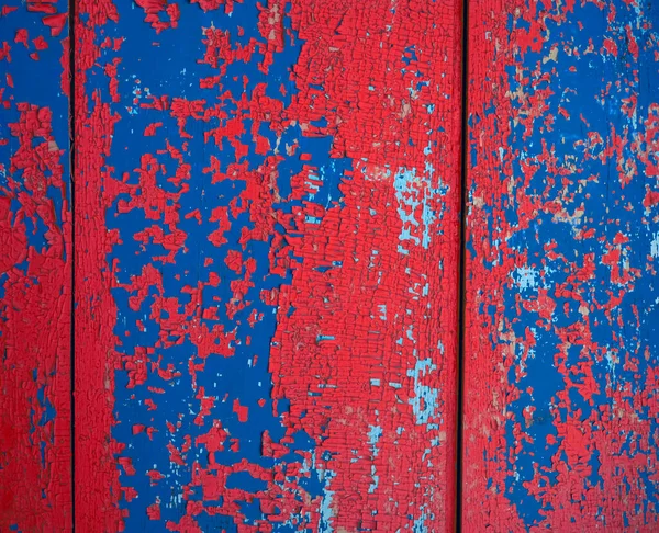 Rode Blauwe Schilferende Verftextuur Een Houten Oppervlak Bedekt Met Meerdere — Stockfoto