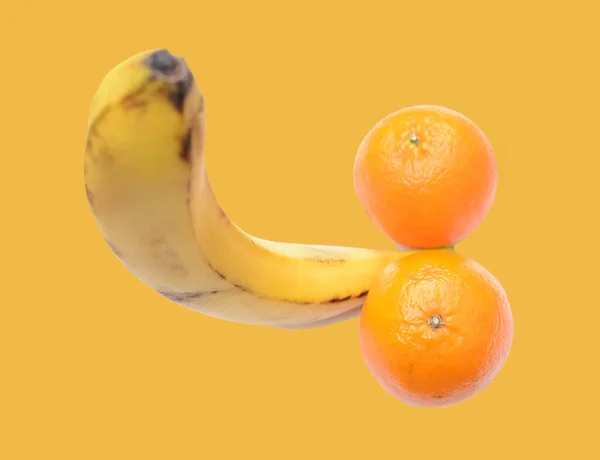 Flat Lay Ripe Banana Two Fresh Mandarines Represent Penis Concept — Stock Photo, Image