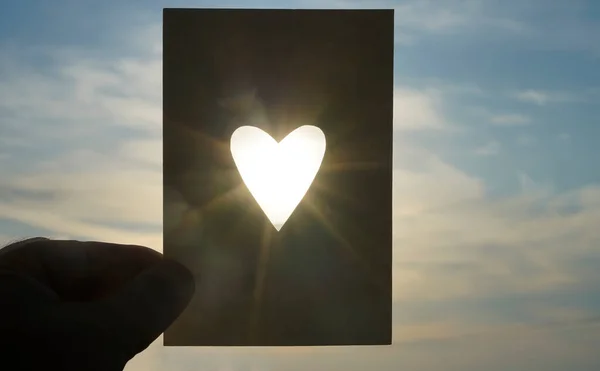 Postcard Cut Out Heart Sunlight Cloudy Sky Background Happy Valentines — Stock Photo, Image