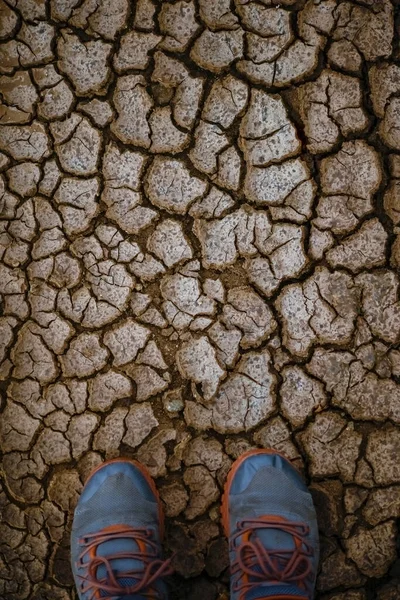 sneakers on dry cracked ground close up. sneaker on crack dry ground, concept drought. global warming