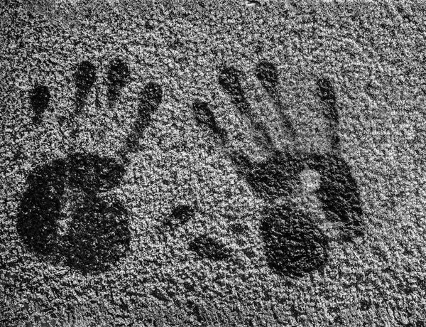 hand prints of  human hands on  snow