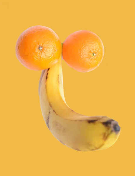 Flat Lay Ripe Banana Two Fresh Mandarins Represent Penis Concept — Stock fotografie