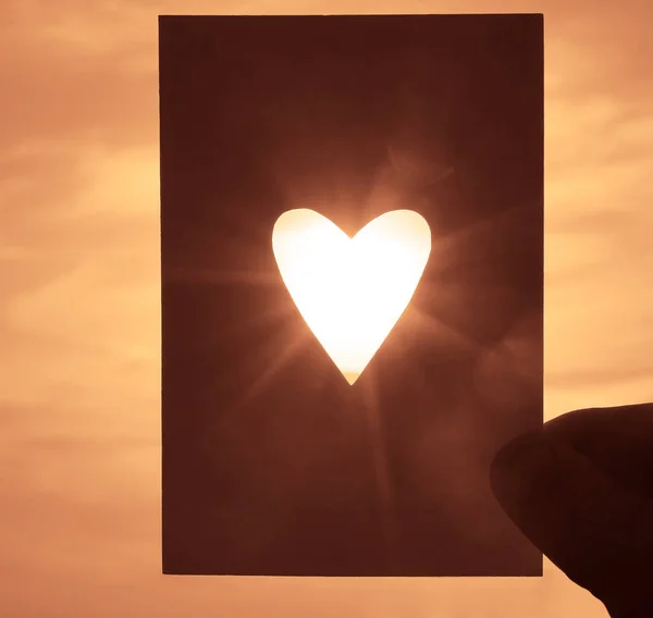 Postcard Cut Out Heart Sunlight Cloudy Sky Background Happy Valentines — Stock Photo, Image