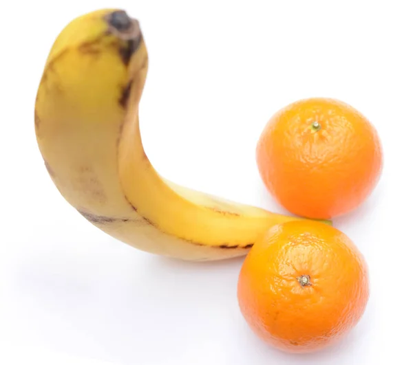 Flat Lay Ripe Banana Two Fresh Mandarines Represent Penis Concept — Foto de Stock