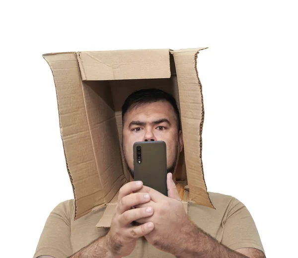 Serious Man Box Instead His Head Photographer Taking Photo Mobile — Stock Photo, Image