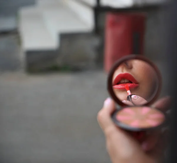 Roter Lippenstift Make Verführerisch Sinnlich Provokant Sexy Frauenlippen Konzept Leerer — Stockfoto