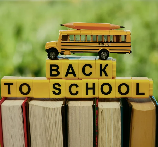 Modell Eines Gelben Schulbusses Der Auf Vielen Büchern Steht Schulbus — Stockfoto