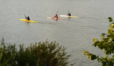 Üç çocuk kanolarda yüzüyor. 