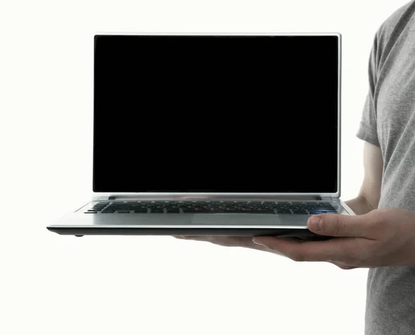 Άντρας Που Δείχνει Κενή Οθόνη Laptop Απομονώνονται Λευκό Φόντο Χωρίς — Φωτογραφία Αρχείου