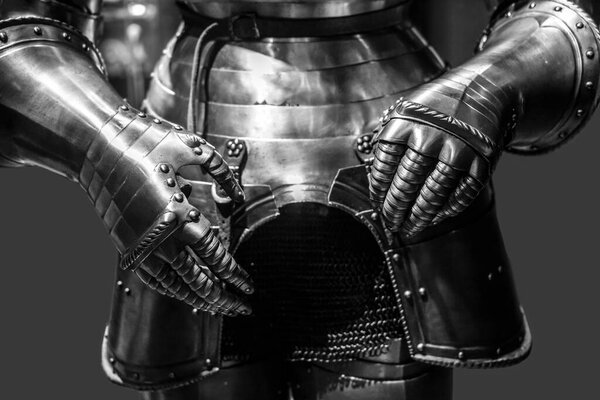 Closeup of antique steel gloves of a knight or warrior.