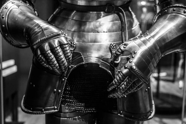 Closeup of antique steel gloves of a knight or warrior.