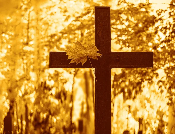 Ein Ahornblatt Auf Rostigem Kreuz Herbstzeit Historischer Friedhof — Stockfoto