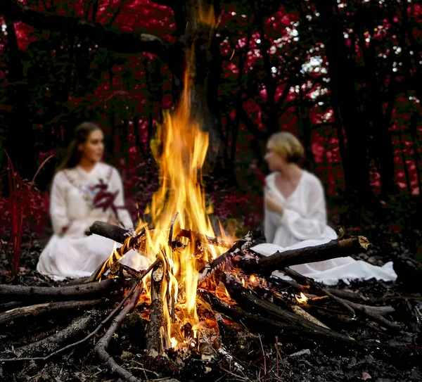 Focus Flame Two Witches Sitting Fire Evening Forest — Stock Photo, Image