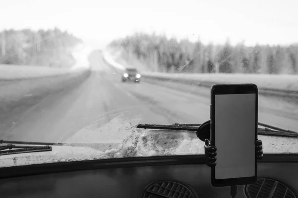 Navigateur Gps Dans Voiture Saison Hiver Écran Vide — Photo